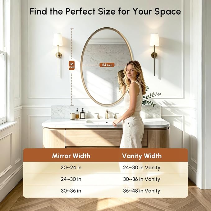 Brushed Gold Oval Bathroom Mirror 24x36 Inch | Vanity Wall Mirror, Crystal-Clear HD Glass, Rust-Proof Aluminum Frame, Inner-Curved Decor for Bedroom, Entryway Renovation