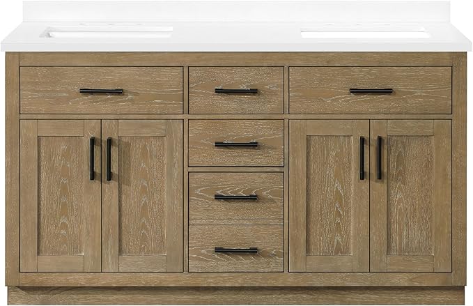OVE Decors Bailey 60 in. Double Sink Freestanding Driftwood Oak Bathroom Vanity with White Quartz Top, Matching Backsplash and Power Bar