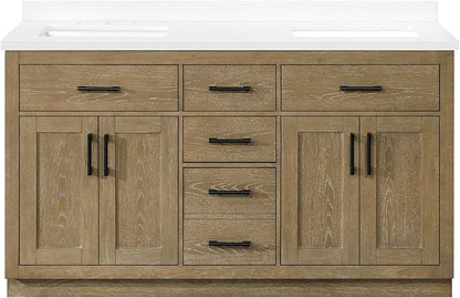 OVE Decors Bailey 60 in. Double Sink Freestanding Driftwood Oak Bathroom Vanity with White Quartz Top, Matching Backsplash and Power Bar
