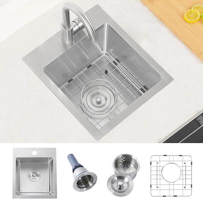 Hotis Drop in Bar Sink, 13x15 Inch Topmount RV Small Kitchen Wet Bar Sink, Stainless Steel Small Kitchen Sinks Brushed Nickel for Laundry Wet Bar Prep RV Office Outdoor Yard