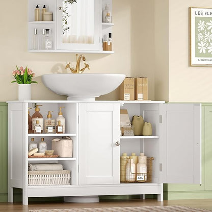 TEENFON 35.4" Pedestal Sink Storage Cabinet with 2 Doors and Adjustable Shelves, Bathroom Sink Cabinet, Under Sink Storage with U-Shape Cut-Out, White