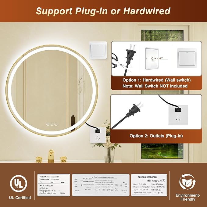 30 Inch Round Gold Framed LED Bathroom Mirror with Lights, Built-in Bluetooth Speaker,Tempered Glass,Dimmable Lighted Bathroom Vanity Mirror with 3 Colors, Backlit + Frontlit, Memory, Anti-Fog