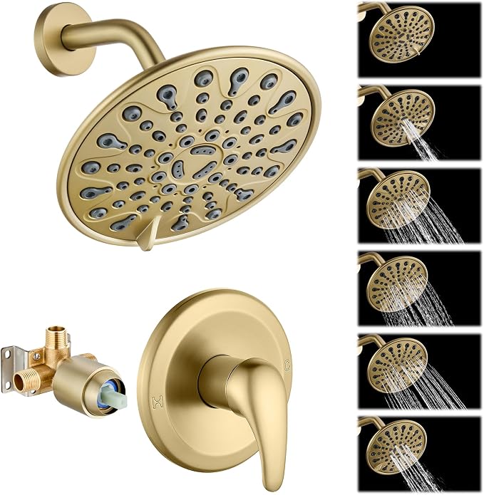 gotonovo Shower Faucet Set with Valve 6 Mode Rain Head Brushed Gold | Bathroom Shower Head and Handle Set Complete Combo,6 Mode Multi 6’’ ABS Rainfall Showerhead,Brass Valve Trim Kit,Wall Mount