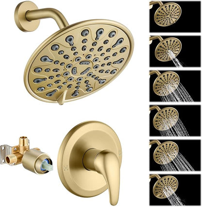 gotonovo Shower Faucet Set with Valve 6 Mode Rain Head Brushed Gold | Bathroom Shower Head and Handle Set Complete Combo,6 Mode Multi 6’’ ABS Rainfall Showerhead,Brass Valve Trim Kit,Wall Mount