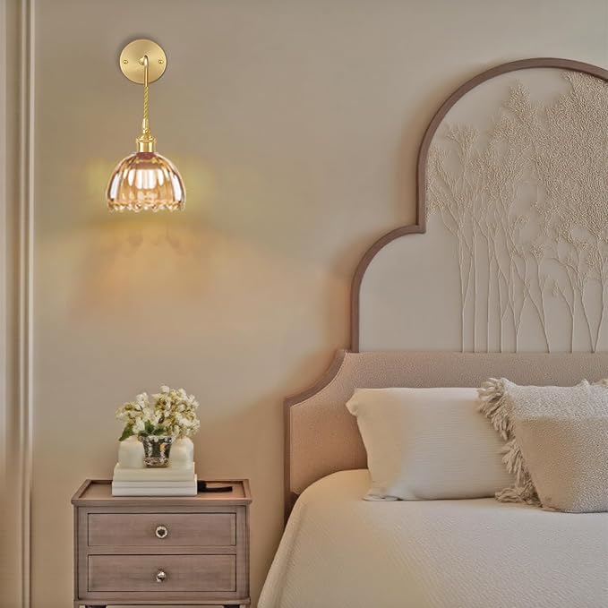 Battery Operated Wall Sconce CCT Dimmable Wireless Sconce, Vintage Light Fixture with Tulip Glass Lampshade Wall Decor for Living Room Bedroom Bedside 1PC Amber