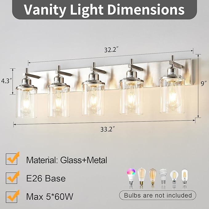 5-Light Brushed Nickel Bathroom Light Fixture Over Mirror Modern Bathroom Vanity Light Vintage Wall Lighting with Clear Glass Shade for Bathroom, Bedroom, Hallway, Cabinet