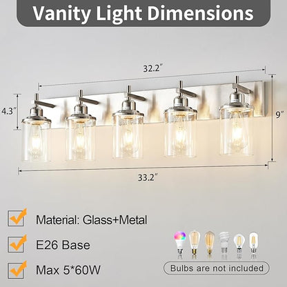 5-Light Brushed Nickel Bathroom Light Fixture Over Mirror Modern Bathroom Vanity Light Vintage Wall Lighting with Clear Glass Shade for Bathroom, Bedroom, Hallway, Cabinet