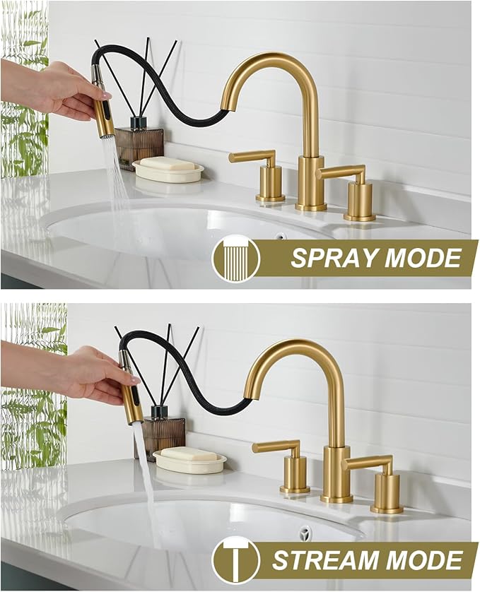 Tohlar Gold Bathroom Faucet with Sprayer, Widespread Bathroom Faucets Gold 8 Inch Basin Sink Tap 3 Holes, 2 Handle Vanity Faucet with Pull Out Sprayer Pop Up Drain Assembly Included
