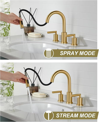 Tohlar Gold Bathroom Faucet with Sprayer, Widespread Bathroom Faucets Gold 8 Inch Basin Sink Tap 3 Holes, 2 Handle Vanity Faucet with Pull Out Sprayer Pop Up Drain Assembly Included