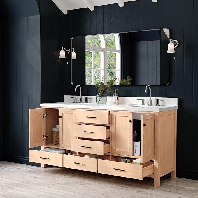 ARIEL Cambridge 72-inch Bathroom Vanity with Sink,Solid Wood, 1.5-inch Pure White Quartz Countertop, Double Rectangular Porcelain Sink, 4 Soft Closing Doors, 6 Dovetail Drawers, White Oak