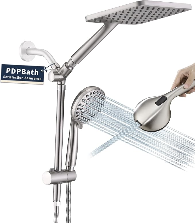 PDPBath High Pressure Rainfall Shower Head with Handheld Combo, Height Adjustable Dual Handheld Shower Head Combo with Slide Bar for Easy Reach, Brushed Nickel