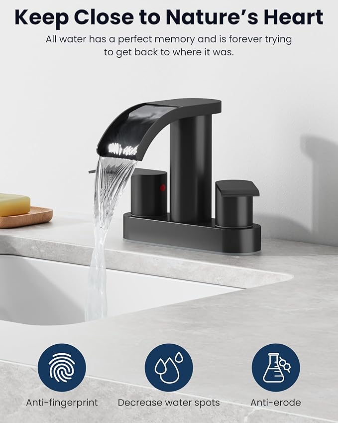 gotonovo 4 Inch Centerset Waterfall Bathroom Sink Faucet Deck Mount 2 Handle Basin Faucets 2 or 3 Hole with Pop Up Drain Included Lavatory Modern Mixer Tap Vanity Faucet Matte Black