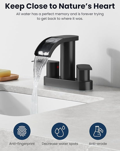 gotonovo 4 Inch Centerset Waterfall Bathroom Sink Faucet Deck Mount 2 Handle Basin Faucets 2 or 3 Hole with Pop Up Drain Included Lavatory Modern Mixer Tap Vanity Faucet Matte Black