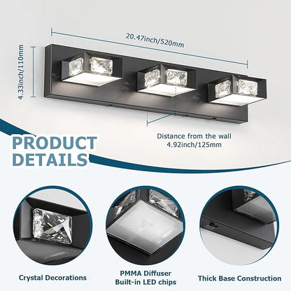 Joossnwell Modern Crystal Vanity Light 3-Light, 5CCT Selectable LED Bathroom Light Fixtures Over Mirror, Dimmable Matte Black Bath Wall Sconce with 350° Rotatable Head, Acrylic Diffuser, 20.5 Inch