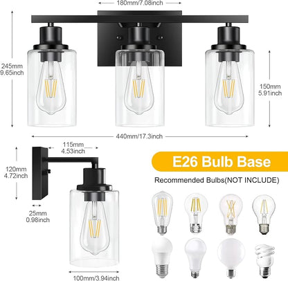 3-Light Vanity Light, Matte Black Bathroom Lighting Fixtures Over Mirror, Modern Metal Wall Lights for Hallway Kitchen Bedroom Living Room | Wall Sconce Light Fixture with Clear Glass Shade Matte Black Modern Metal Wall Lights for Hallway Kitchen Bedro...