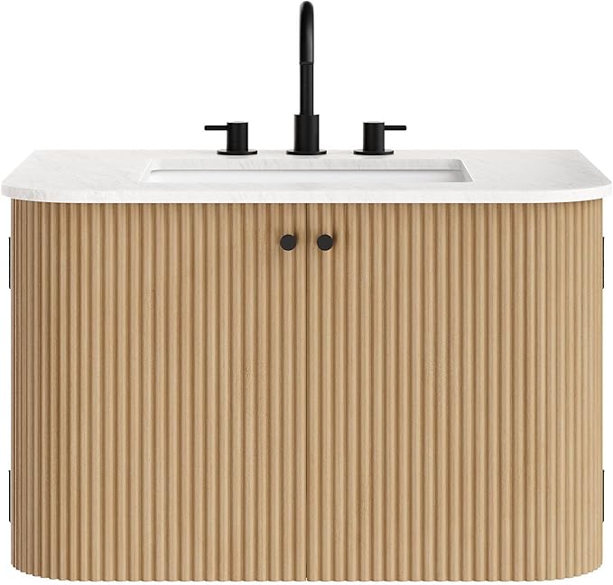 Modway Zia 30 Inch Wall-Mount Bathroom Vanity in Natural with Marble Sink Basin - Floating Bathroom Cabinet with Fluted Design