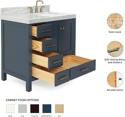 ARIEL Cambridge 36-inch Bathroom Vanity with Sink,Solid Wood, 2-inch Italian Carrara Marble Countertop, Single Rectangular Porcelain Sink, 2 Soft Closing Doors, 5 Dovetail Drawers, Midnight Blue