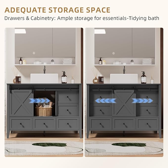 VNN Bathroom Vanity with Sink - 48 Inch Bathroom Vanity with Sink Ceramic, Freestanding Cabinet with Farmhouse Sliding Barn Door and 7 Drawers, Space-Saving Storage Cabinet, Grey