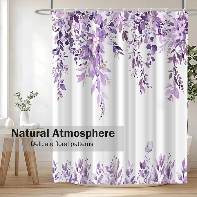 Purple Floral Eucalyptus Shower Curtain with Hooks, 72x84 Inch | Waterproof Fabric, Watercolor Leaves and Floral, Botanical Style, Machine Washable, Quick-Drying, for Hotel Bathroom