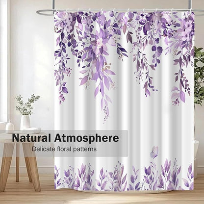 Purple Floral Eucalyptus Shower Curtain with Hooks, 72x84 Inch | Waterproof Fabric, Watercolor Leaves and Floral, Botanical Style, Machine Washable, Quick-Drying, for Hotel Bathroom