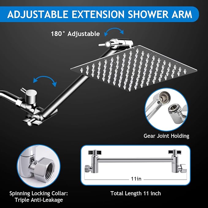 Shower Head Combo,8 Inch High Pressure Rain Shower Head with 11 Inch Adjustable Extension Arm and 5 Settings Handheld Shower Head Combo,Powerful Shower Spray Against Low Pressure Water with Long Hose
