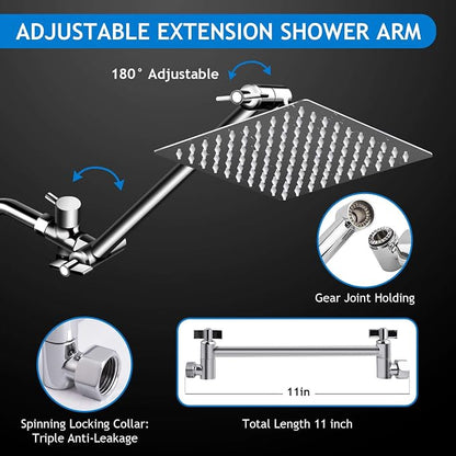 Shower Head Combo,8 Inch High Pressure Rain Shower Head with 11 Inch Adjustable Extension Arm and 5 Settings Handheld Shower Head Combo,Powerful Shower Spray Against Low Pressure Water with Long Hose