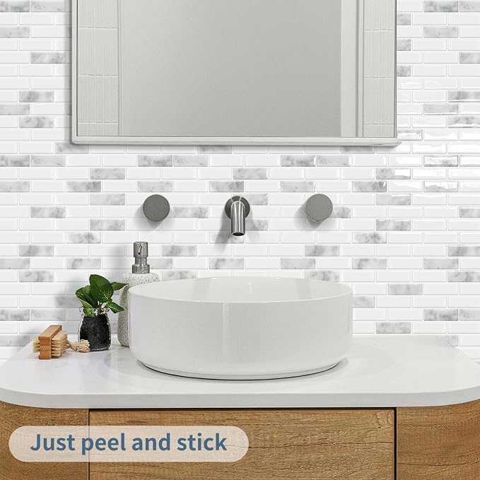 DEWOO Peel and Stick Backsplash 3D Self Adhesive Wall Tiles Grey 10 Sheet | Sticky,Vinyl,Rental friendly,Marble,for Kitchen,Bathroom,Sink,12"x12"