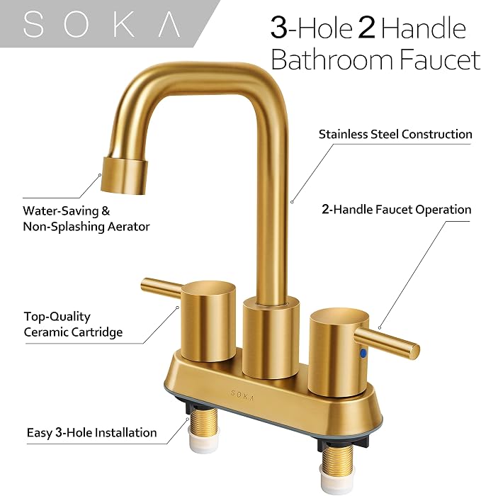 SOKA Centerset Bathroom Faucet 2 Handles 4 Inch Commercial Hand Sink Touch Faucets 3 Hole Bathroom Sink Faucet Gooseneck, Gold
