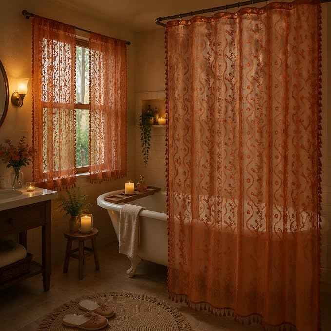 WAZZIO Bunrt Orange Lace Shower Curtain for Bathroom 72" W x 84" L, Victorian Farmhouse Floral Pattern Tassel Fancy Shower Curtain Boho Washable Cloth Decorative Bath Curtains,1 Panel