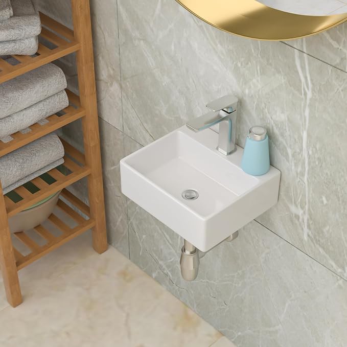 Lordear 13.6"x11.6" Floating Wall Mounted Bathroom Sink White Ceramic Glossy White Small Tiny Room Cloakroom Sinks, 13.6X11.6x4.85 Inch