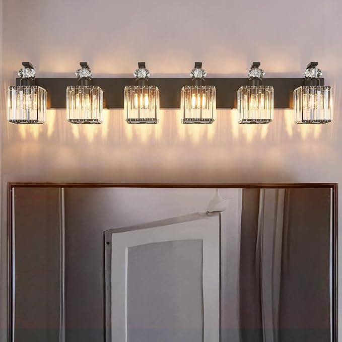 Modern Bathroom Vanity Light, 6-Light Black Bathroom Lighting Fixtures Over Mirror, 44.1" Crystal Wall Light Sconce for Bathroom/Bedroom/Vanity, Includes LED Bulbs, Easy Installation