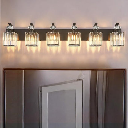 Modern Bathroom Vanity Light, 6-Light Black Bathroom Lighting Fixtures Over Mirror, 44.1" Crystal Wall Light Sconce for Bathroom/Bedroom/Vanity, Includes LED Bulbs, Easy Installation