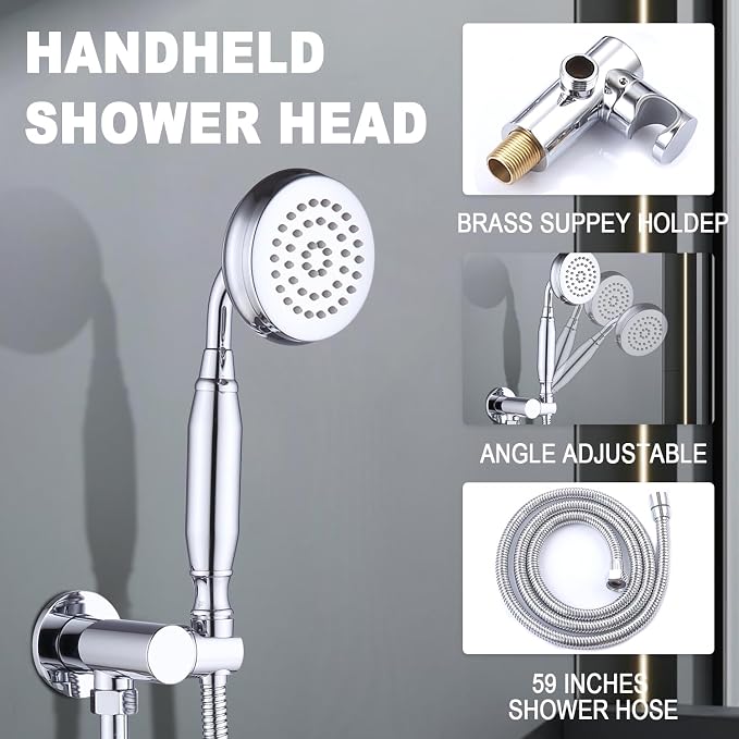 Enga Antique Shower Faucet Sets Dual Heads with Tub Spout 8" Ceiling & 6" Wall Mount Vintage Shower Head Handheld Spray Combo, 4 Way Diverter Brass Rough in with Trim Kit, Chrome