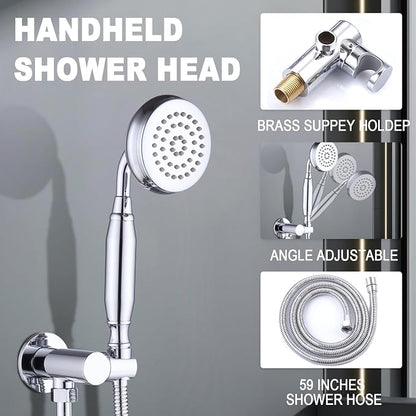 Enga Antique Shower Faucet Sets Dual Heads with Tub Spout 8" Ceiling & 6" Wall Mount Vintage Shower Head Handheld Spray Combo, 4 Way Diverter Brass Rough in with Trim Kit, Chrome