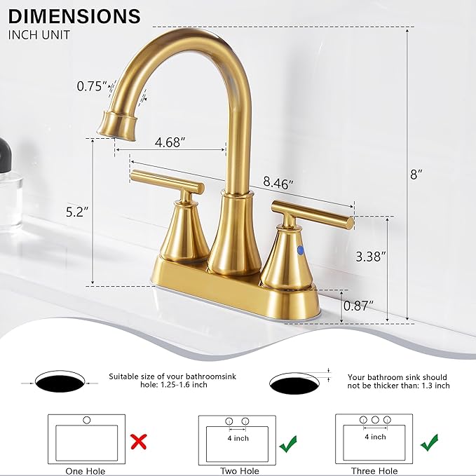 Bathroom Sink Faucet 4 Inch 2 Handle Centerset Brushed Gold Lead-Free Modern Bathroom Faucet Vanity Faucet with Pop-up Drain Stopper and Supply Hoses