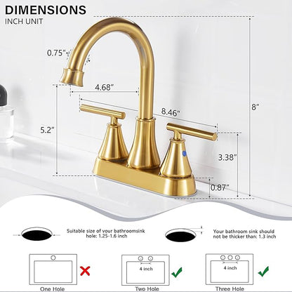 Bathroom Sink Faucet 4 Inch 2 Handle Centerset Brushed Gold Lead-Free Modern Bathroom Faucet Vanity Faucet with Pop-up Drain Stopper and Supply Hoses