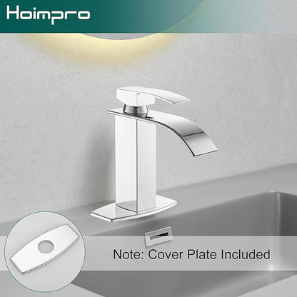 Hoimpro Chrome Waterfall Bathroom Faucet with cUPC Supply Lines, Single Handle Bathroom Sink Faucet with Pop-up Drain, Rv Vanity Vessel Faucet with Deck Plate, Chrome, 1 or 3 Hole