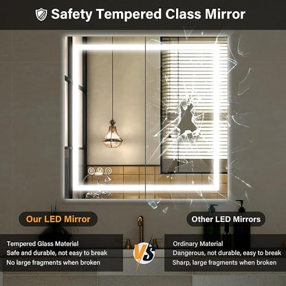 XRAMFY 40"X40" LED Bathroom Mirror, Backlit + Front Lit Wall Mirror | LED Bathroom Mirror with Lights for Wall, 3 Colors, Anti-Fog, Dimmable Brightness, Tempered Glass
