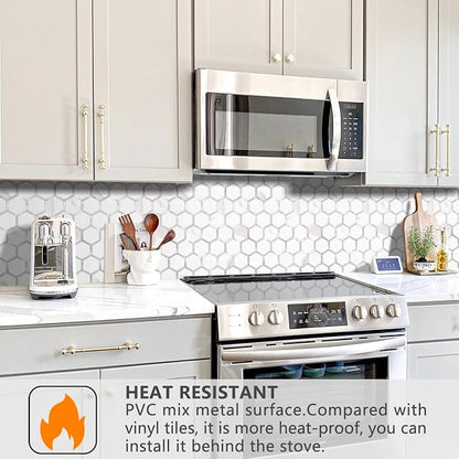 STICKGOO Hexagon Peel and Stick Backsplash Tile, Stick on Backsplash for Kitchen and Bathroom, White Marble Look PVC Mixed Metal Silver Self Adhesive Wall Tiles(10 Sheets, Seamless)