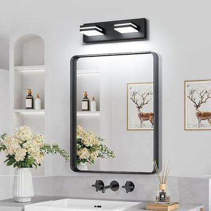 SineRise LED Modern Bathroom Vanity Light Fixtures, Modern Acrylic Bathroom Wall Lighting Fixtures Over Mirror, 2-Light, 15.5-Inch, Black, White
