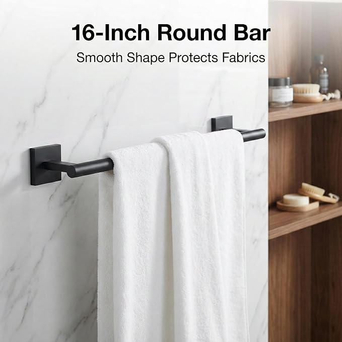 16 in 5-Piece Bathroom Hardware Set, Matte Black | SUS304 stainless steel, towel bar, towel ring, toilet paper holder, 2 robe hooks, hidden screw mount