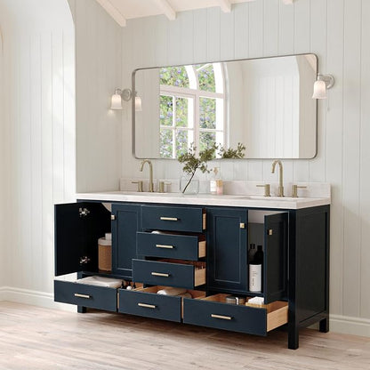 ARIEL Cambridge 72-inch Bathroom Vanity with Sink,Solid Wood, 1.5-inch Carrara White Quartz Countertop, Double Rectangular Porcelain Sink, 4 Soft Closing Doors, 6 Dovetail Drawers, Midnight Blue