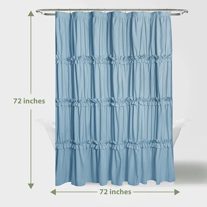 Farmhouse Ruffle Shower Curtain, Fog Blue, 72 x 72 in | Decorative Elegant Bathroom Curtain with 12 Holes, Soft Ruched Microfiber Fabric, Vintage Handmade Design