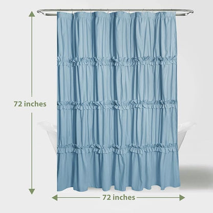 Farmhouse Ruffle Shower Curtain, Fog Blue, 72 x 72 in | Decorative Elegant Bathroom Curtain with 12 Holes, Soft Ruched Microfiber Fabric, Vintage Handmade Design