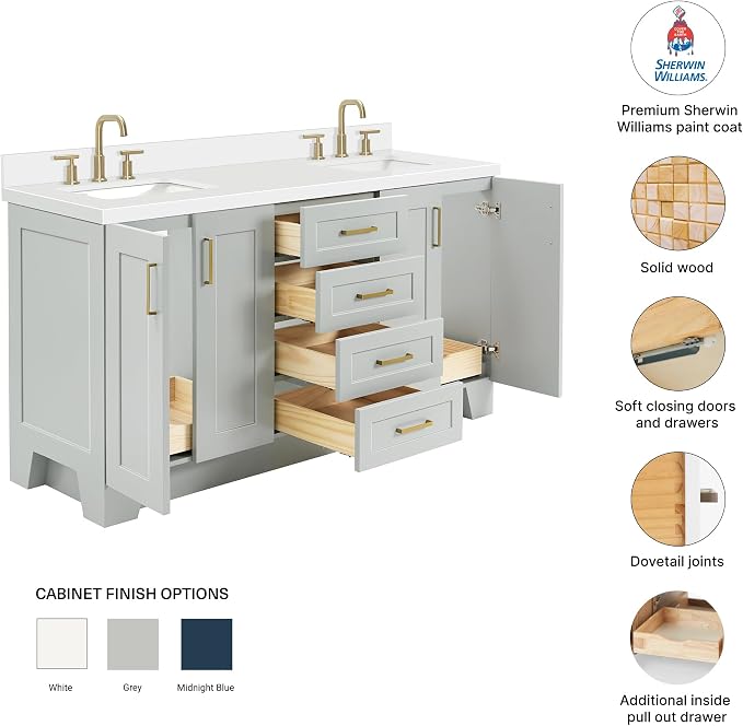 Emilia 66-Inch Grey Double Bathroom Vanity, Pure White Quartz 1.5" Countertop & 4" Backsplash, Rectangular Undermount Sinks, 4 Soft Closing Doors, 6 Dovetail Drawers, Toe Kick, Satin Brass
