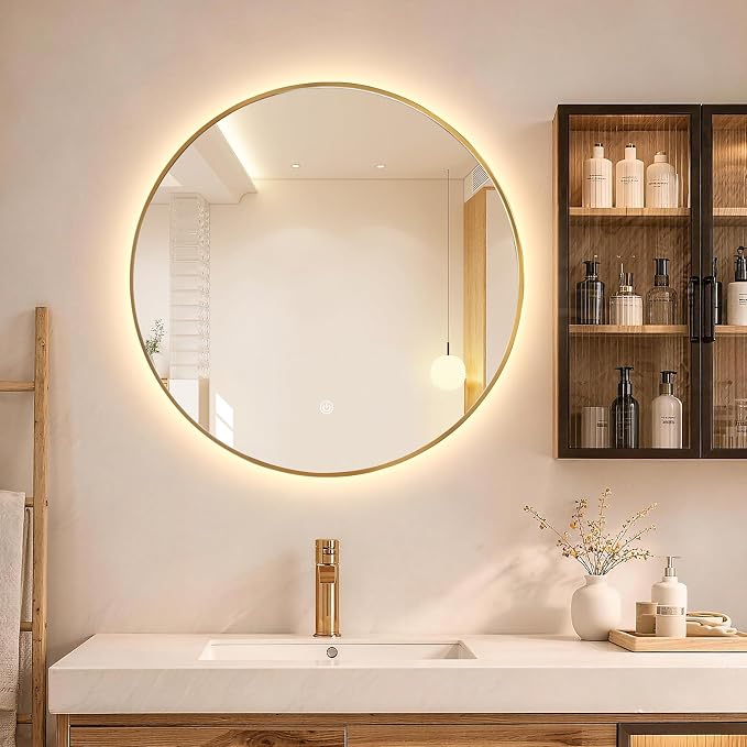 Niccy Round LED Bathroom Mirrors, Gold Framed Backlit Vanity Mirror, 28" | LED Smart Circle Mirror with 3 Color Lighting, Anti-Fog Lighted, IP65 Waterproof, Wall Mounted Bathroom Vanity