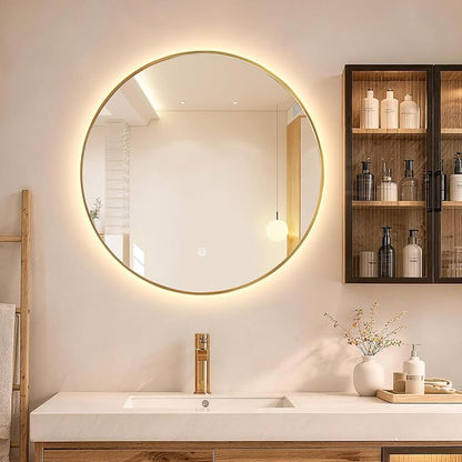 Niccy Round LED Bathroom Mirrors, Gold Framed Backlit Vanity Mirror, 28" | LED Smart Circle Mirror with 3 Color Lighting, Anti-Fog Lighted, IP65 Waterproof, Wall Mounted Bathroom Vanity
