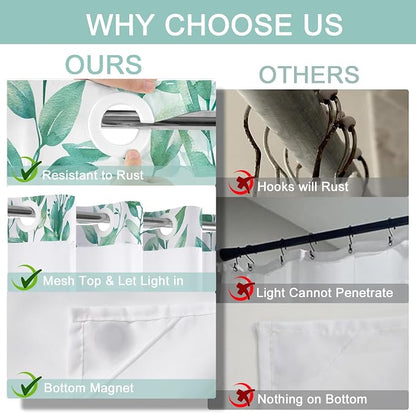 No Hook Shower Curtain and Liner Set, Teal Eucalyptus 71x84 | Floral Design, with Snap in Liner, See-Through Top Window, Waterproof, Machine Washable, Quick-Drying, for Hotel Bathroom