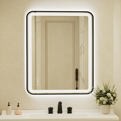 28x40 Inch LED Bathroom Mirror with Black Frame,Front and Backlit Vanity Mirror,Tempered Glass,Stepless Dimmable Wall Mirrors with Anti-Fog, 3 Colors, Memory, Waterproof, LED Smart Bathroom Mirror