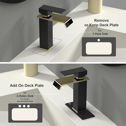 Bathroom Sink Faucet, Black and Gold Color, Waterfall Style, SUS304 Stainless Made, Single-Handle, Deck-Mount Suitable for 1-3-Hole, Drain and Supply Hoses Included